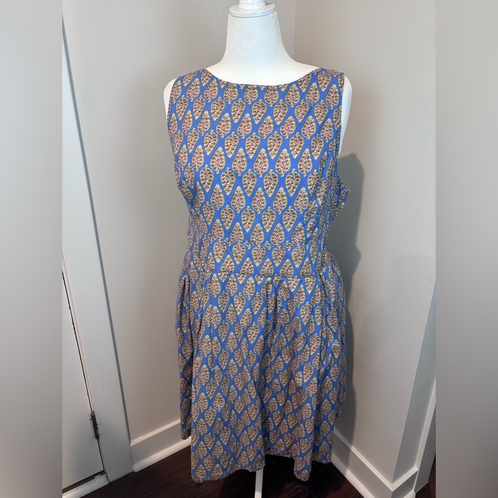 eShakti Plus Size 22W Sleeveless Fit & Flare Dress Blue Print 100% Cotton